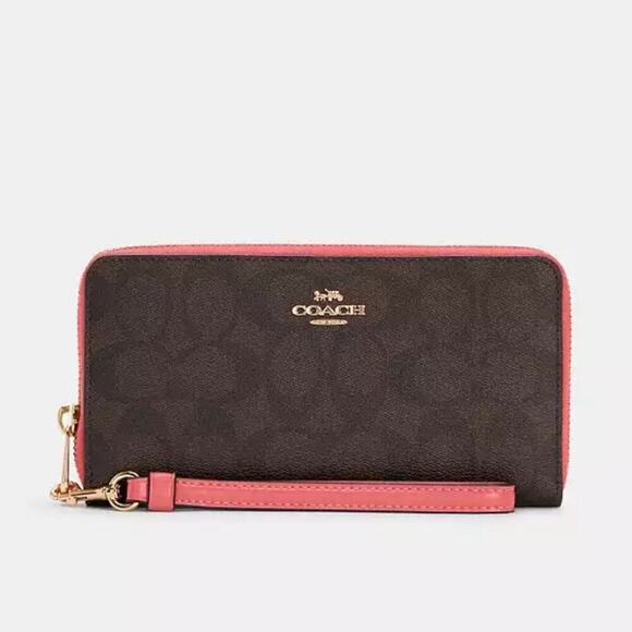 NWOT Coach Long Zip Around Wallet In Signature Canvas Gold Pink Lemonade Brown - Picture 1 of 11